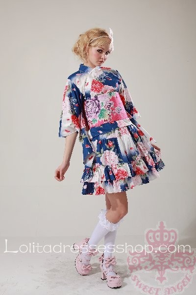 Blue Pink Floral Half Sleeve Wa Lolita Outfit
