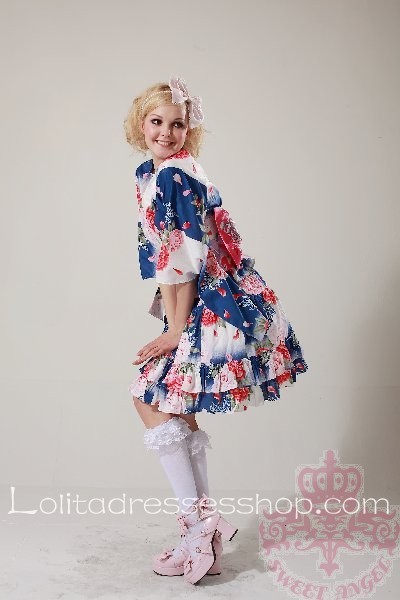 Blue Pink Floral Half Sleeve Wa Lolita Outfit