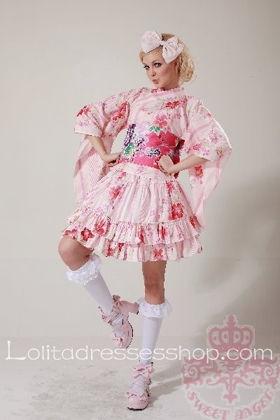 Pink Floral V-Neck Half Sleeve Wa Lolita Outfit