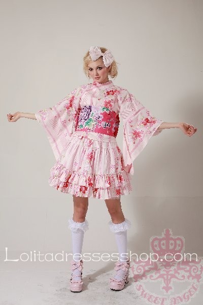Pink Floral V-Neck Half Sleeve Wa Lolita Outfit