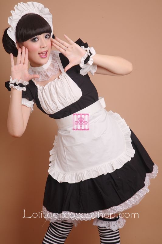 White Black Cotton Classic Maid Costume Lolita Dress