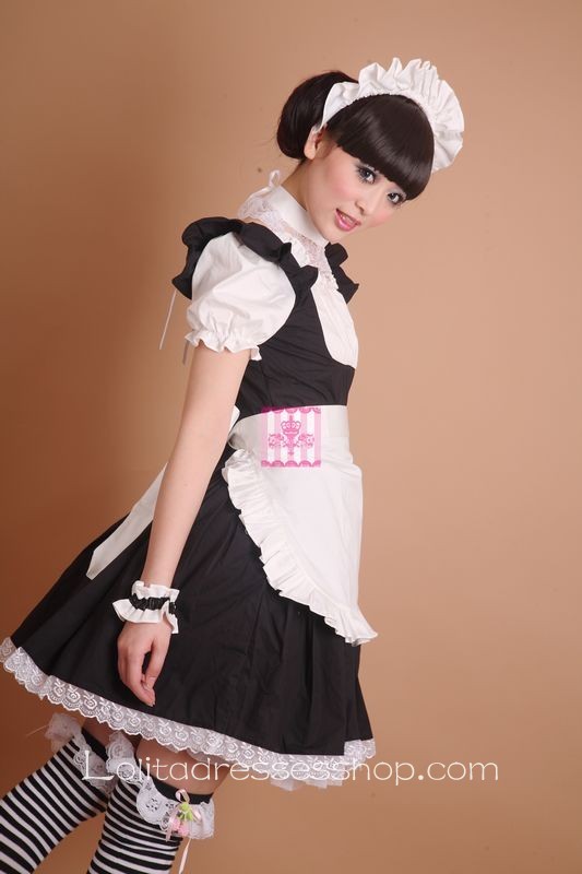 White Black Cotton Classic Maid Costume Lolita Dress