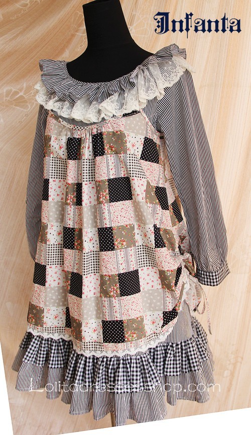 Blue Black Cotton Ruffled Collar Long Sleeve Two-piece Lolita Dress