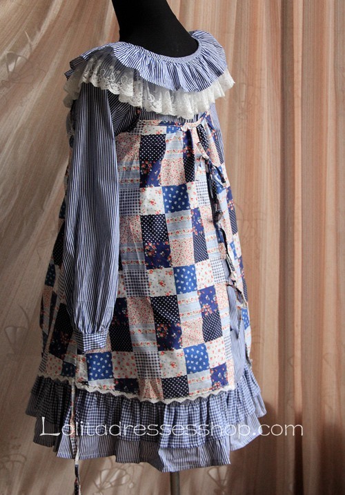 Blue Black Cotton Ruffled Collar Long Sleeve Two-piece Lolita Dress