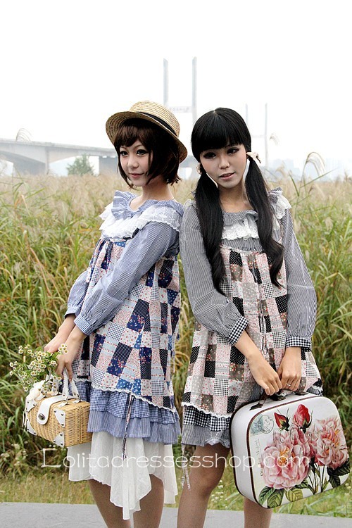 Blue Black Cotton Ruffled Collar Long Sleeve Two-piece Lolita Dress