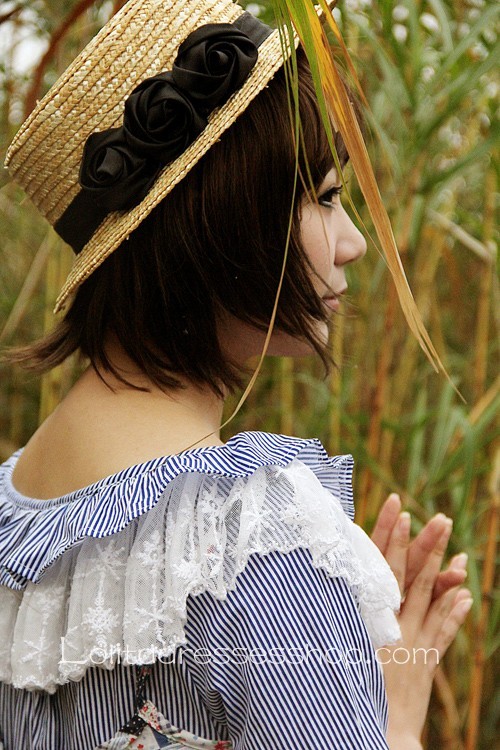 Blue Black Cotton Ruffled Collar Long Sleeve Two-piece Lolita Dress