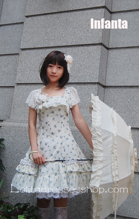 White Cotton Square-collar Lolita Dress with Blue Flowers Prints