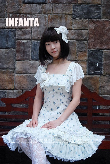 White Cotton Square-collar Lolita Dress with Blue Flowers Prints