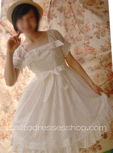 White Cotton Short Sleeve Gothic Lolita Dress Multiple Bows Lace