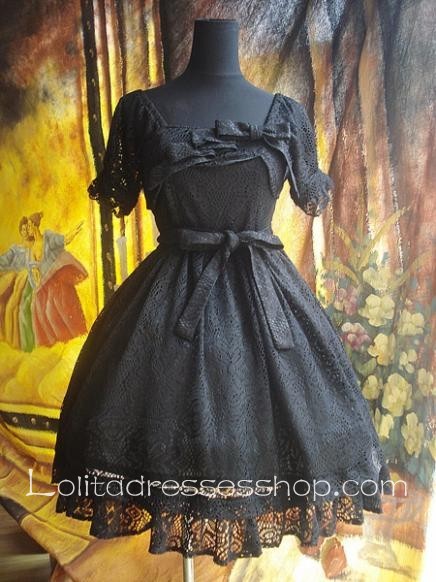 Black Cotton Gothic Lolita Dress Multiple Bows Lace Dress