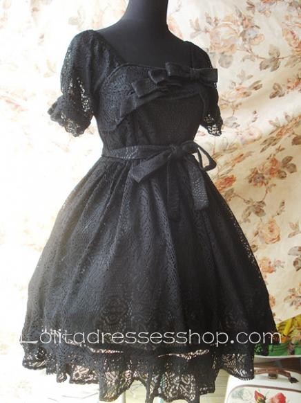 Black Cotton Gothic Lolita Dress Multiple Bows Lace Dress