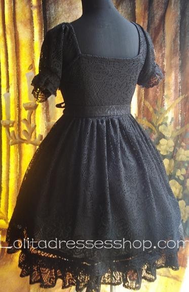 Black Cotton Gothic Lolita Dress Multiple Bows Lace Dress