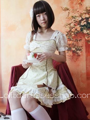 Light Yellow Cotton Short Sleeve Flowers Bows Country Lolita Dress