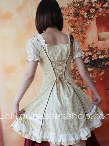 Light Yellow Cotton Short Sleeve Flowers Bows Country Lolita Dress