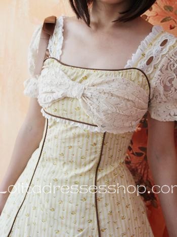 Light Yellow Cotton Short Sleeve Flowers Bows Country Lolita Dress