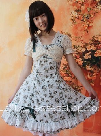 Tea Green Flowers Bows Lolita Dress