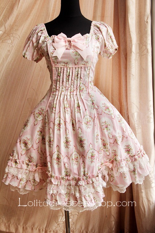 Pink Circle Flowers Lolita Short Sleeves Dress