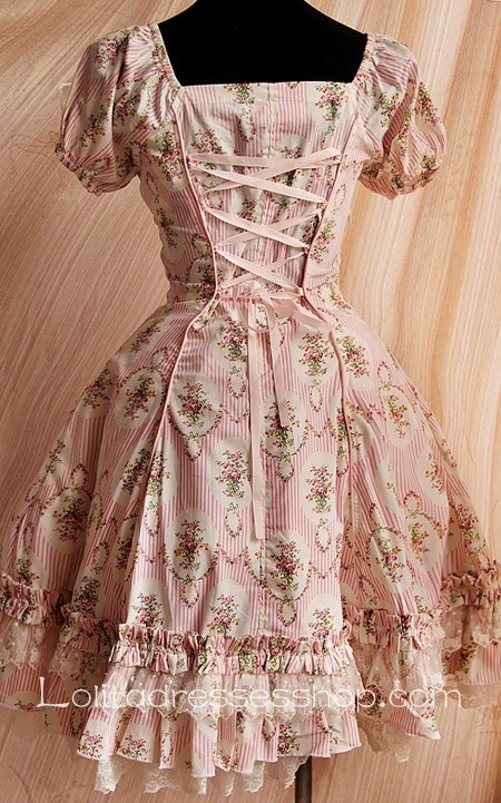 Pink Circle Flowers Lolita Short Sleeves Dress