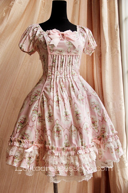 Pink Circle Flowers Lolita Short Sleeves Dress