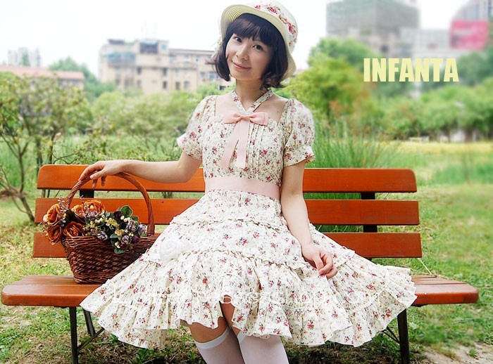 Pink Cotton Square-collar Flowers Bow Lolita Dress