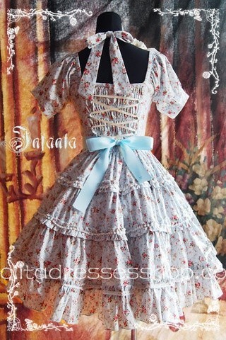 Blue Cotton Square-collar Flowers Bow Lolita Dress