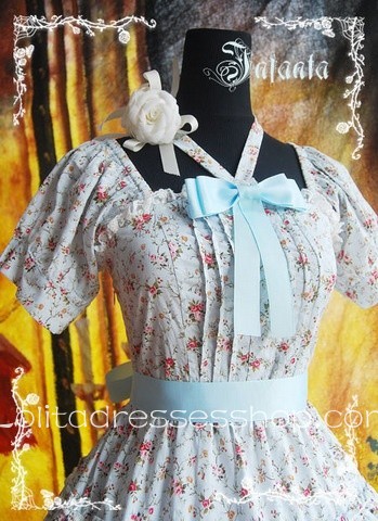 Blue Cotton Square-collar Flowers Bow Lolita Dress
