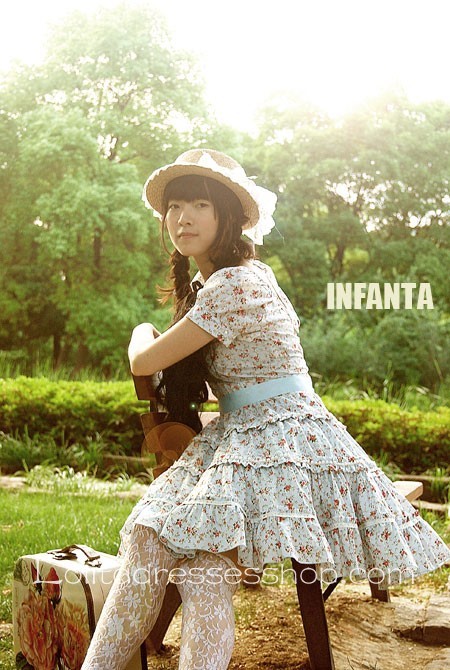 Blue Cotton Square-collar Flowers Bow Lolita Dress