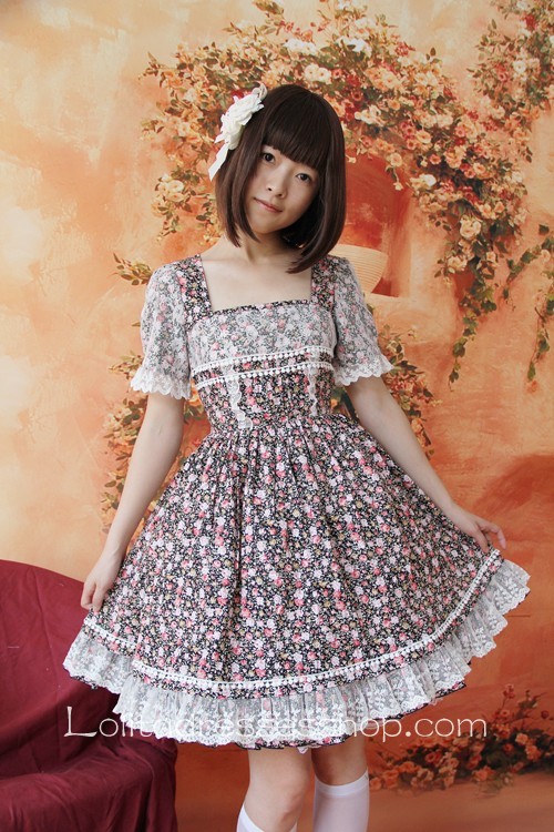 Cotton And Tulle Square-collar Delicate Flowers Short Sleeves Dress