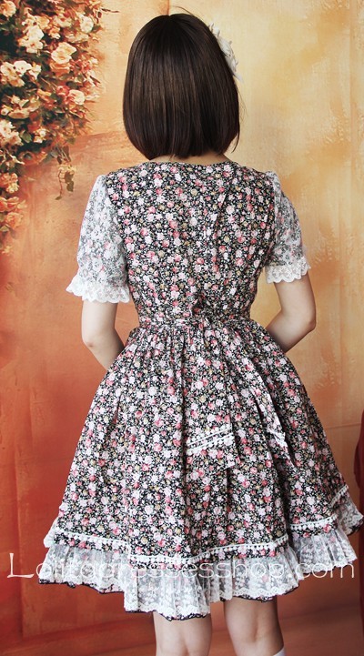 Cotton And Tulle Square-collar Delicate Flowers Short Sleeves Dress