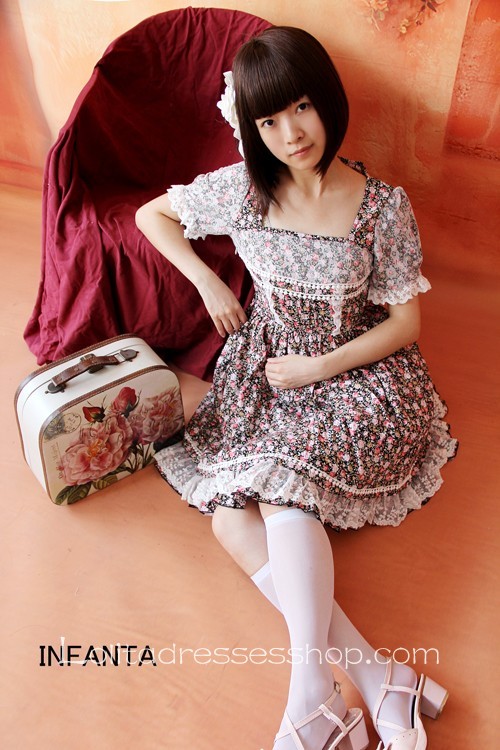 Cotton And Tulle Square-collar Delicate Flowers Short Sleeves Dress