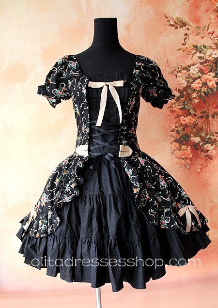 Black Cotton Printed Flowers Lolita One Piece Dress