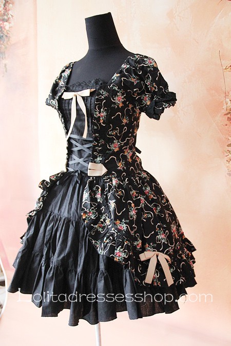 Black Cotton Printed Flowers Lolita One Piece Dress