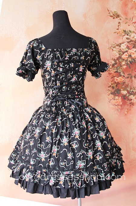 Black Cotton Printed Flowers Lolita One Piece Dress