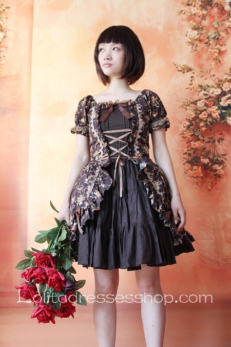 Dark Brown Printed Flowers Short Sleeve Lolita Dress