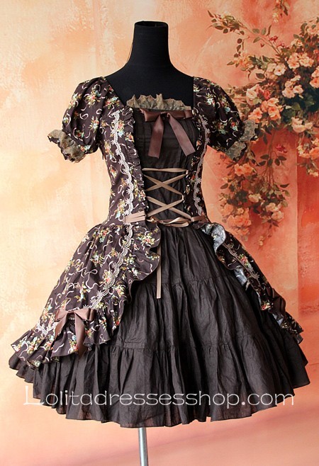 Dark Brown Printed Flowers Short Sleeve Lolita Dress