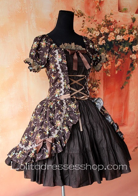 Dark Brown Printed Flowers Short Sleeve Lolita Dress