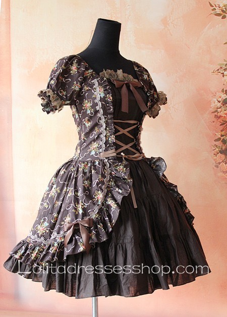 Dark Brown Printed Flowers Short Sleeve Lolita Dress
