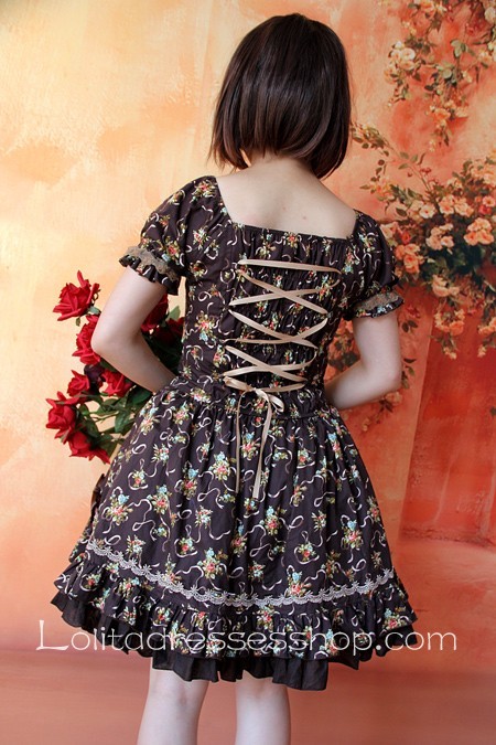 Dark Brown Printed Flowers Short Sleeve Lolita Dress