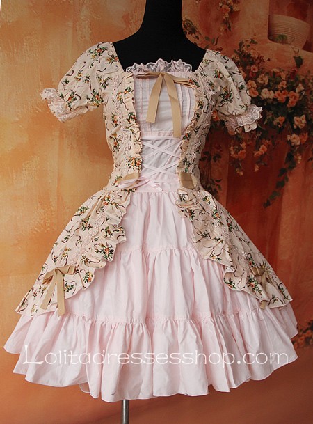 Pink Cotton Printed Flowers Lolita Short Sleeve Dress