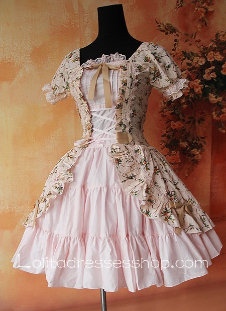 Pink Cotton Printed Flowers Lolita Short Sleeve Dress