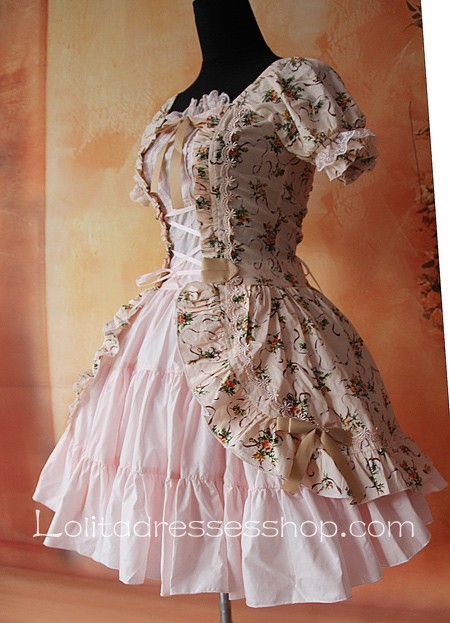 Pink Cotton Printed Flowers Lolita Short Sleeve Dress
