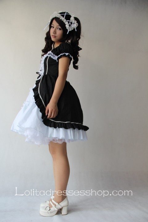 White Black Cotton Square-collar Lolita Dress