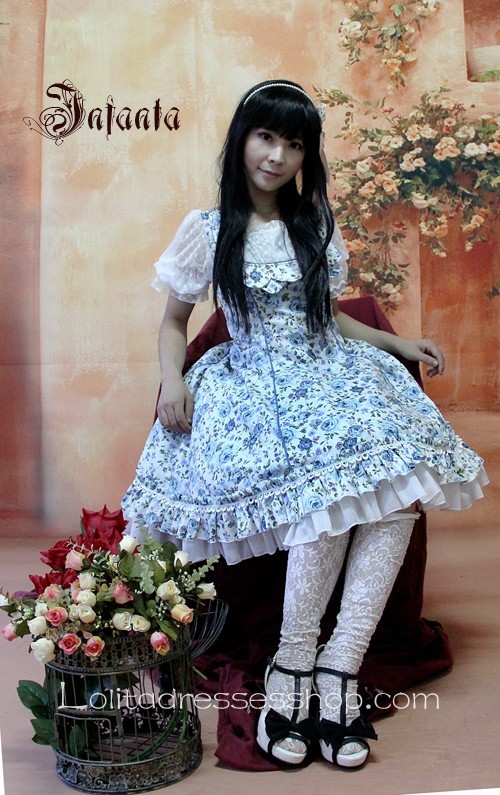 Royal Blue Rose Flowers Ruffles Short Sleeve Lolita Dress