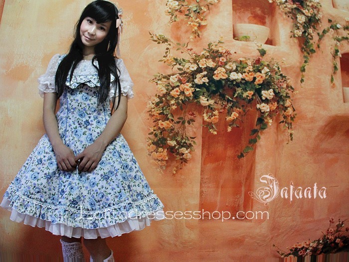 Royal Blue Rose Flowers Ruffles Short Sleeve Lolita Dress