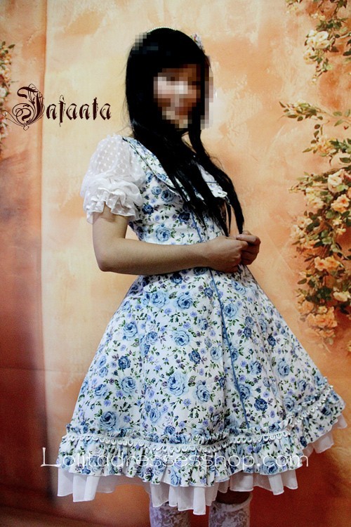 Royal Blue Rose Flowers Ruffles Short Sleeve Lolita Dress