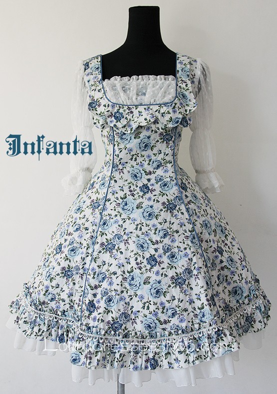 Royal Blue Rose Flowers Ruffles Short Sleeve Lolita Dress