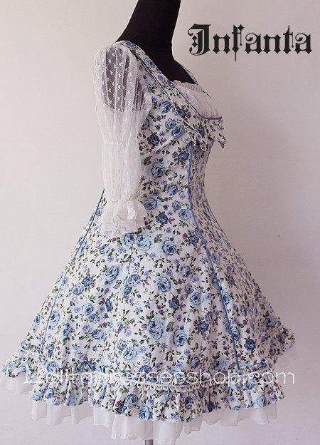 Royal Blue Rose Flowers Ruffles Short Sleeve Lolita Dress