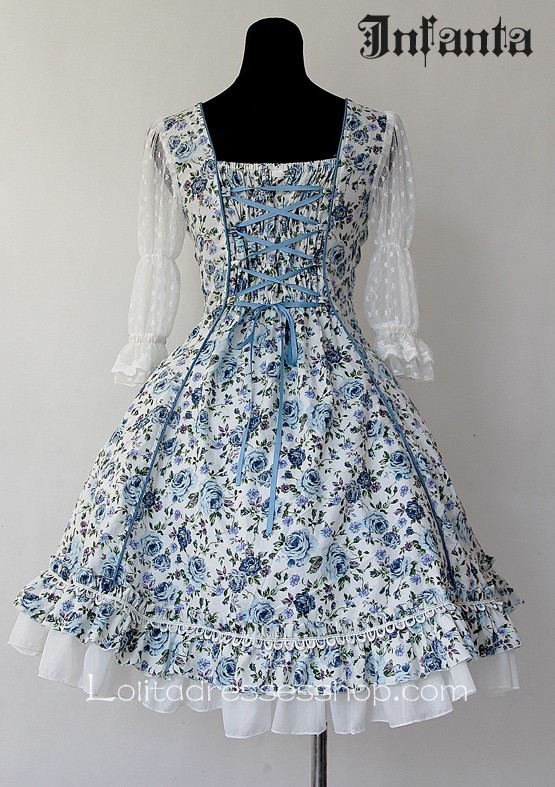 Royal Blue Rose Flowers Ruffles Short Sleeve Lolita Dress