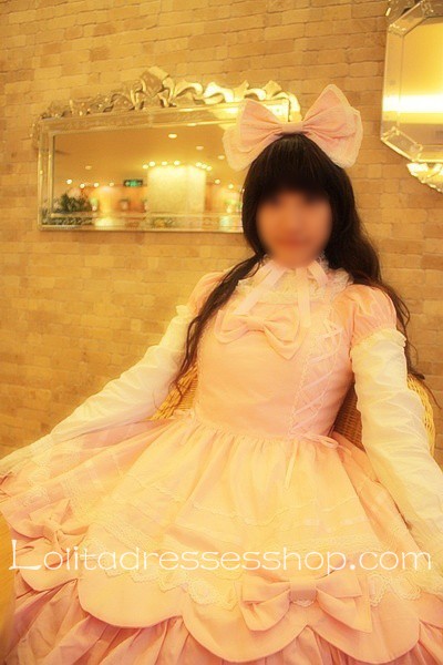Pink Cotton Stand Collar short Sleeve Lolita Dress