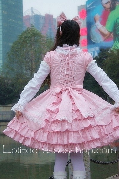 Pink Cotton Stand Collar short Sleeve Lolita Dress